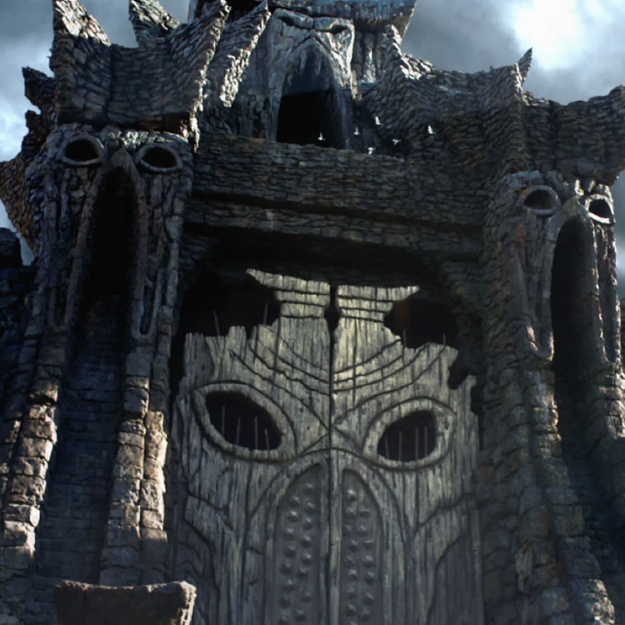 La intimidante fachada de la atracción Skull Island: Reign of Kong posee una entrada de enormes puertas dobles.