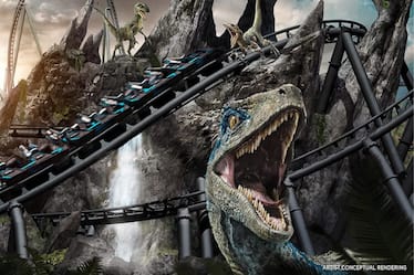 Representación artística de la nueva VelociCoaster de Jurassic World en Universal’s Islands of Adventure.