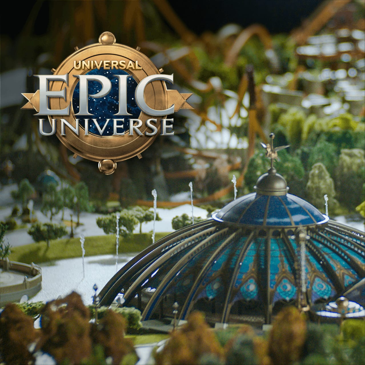 Representación conceptual artística: Constellation Carousel entre los frondosos árboles del parque con el logotipo de Universal Epic Universe a la derecha.