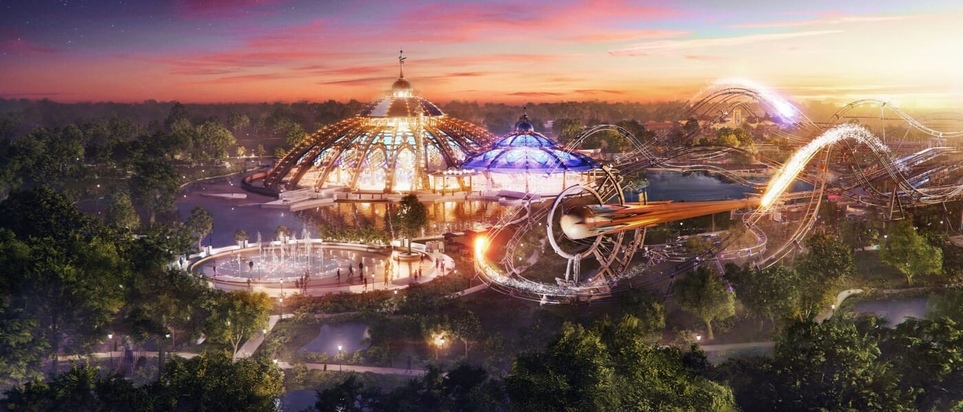 Representación conceptual del artista: Vista aérea de las atracciones de Celestial Park en Universal Epic Universe.