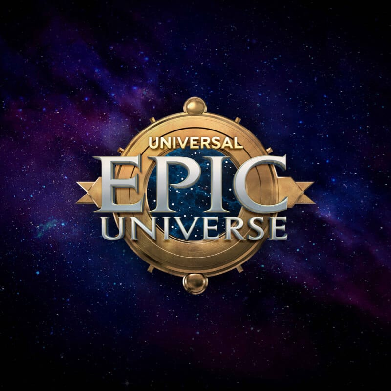 Logotipo de Universal Epic Universe con una galaxia de estrellas de fondo.