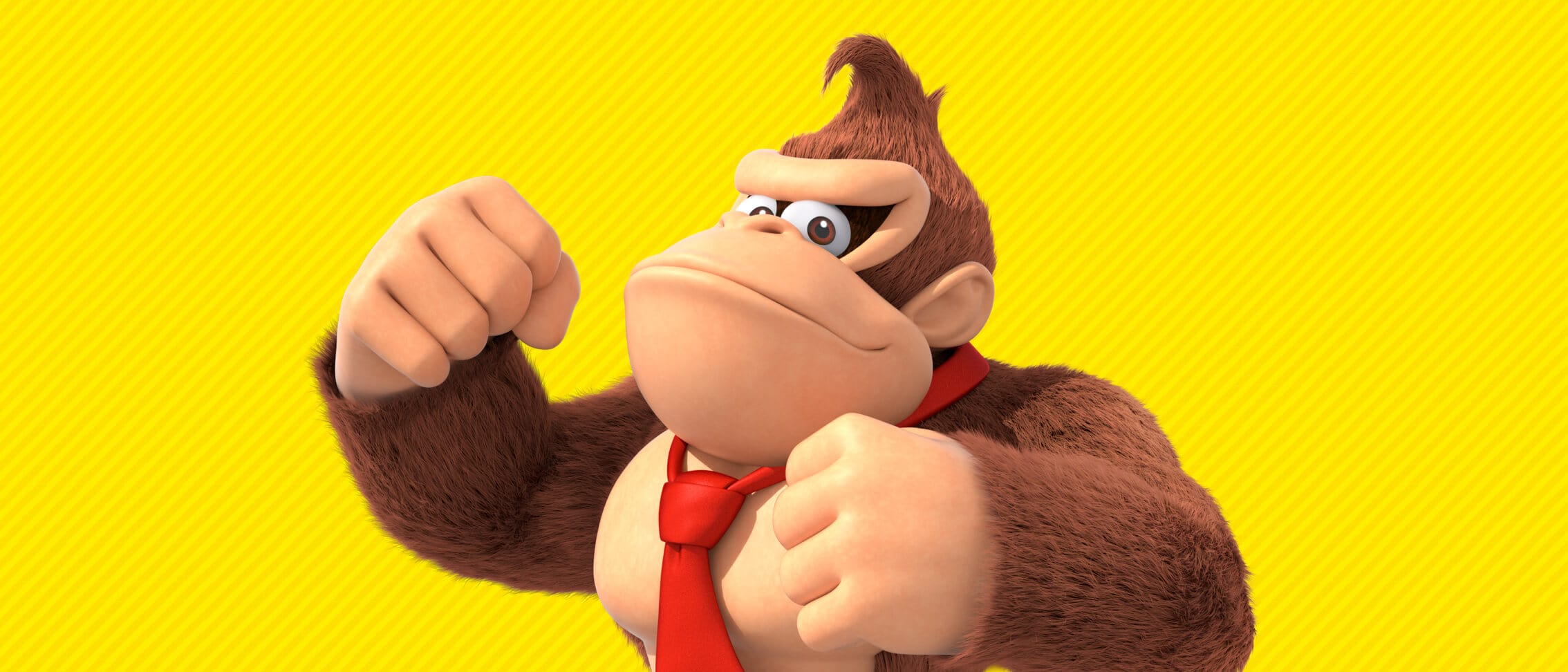 Primer plano del personaje de Nintendo Donkey Kong posando con un fondo amarillo.