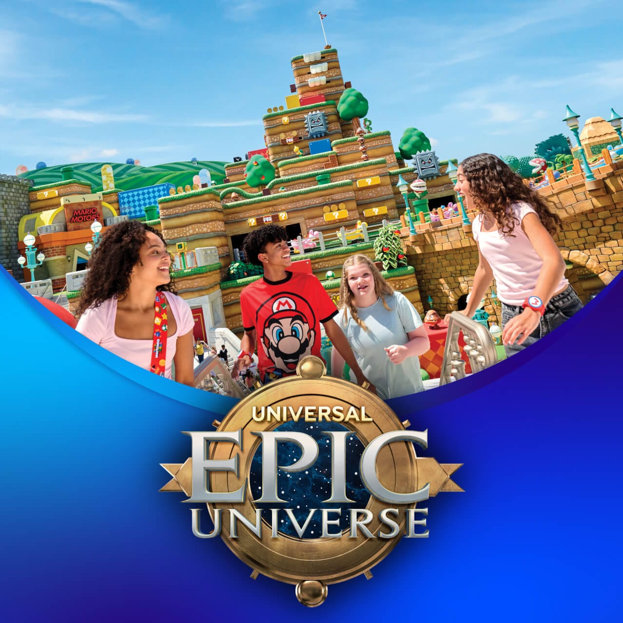 Cuatro amigos, cada uno con una Power-Up Band™, sonríen emocionados mientras exploran el colorido SUPER NINTENDO WORLD™.