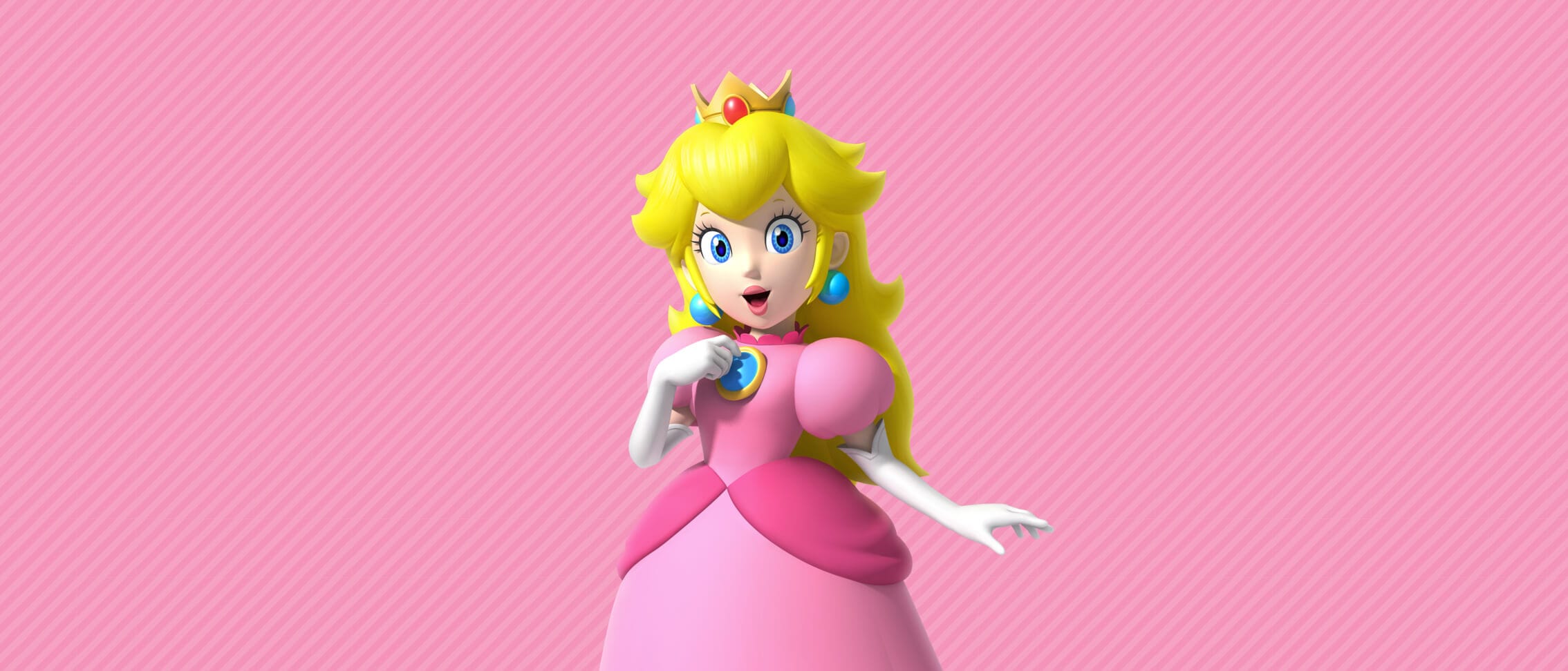 La Princesa Peach, personaje de Nintendo, posa con su vestido rosa y su corona sobre un fondo rosa suave.