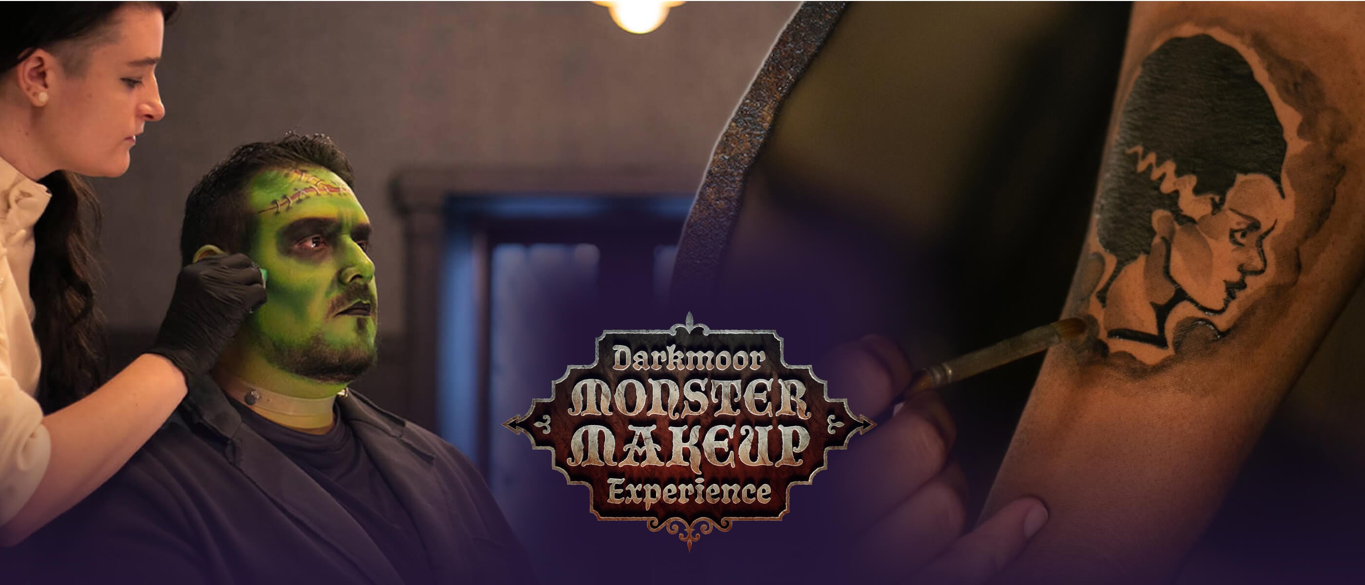 Guest receiving monster makeup and temporary tattoo application at the Darkmoor Monster Makeup Experience.