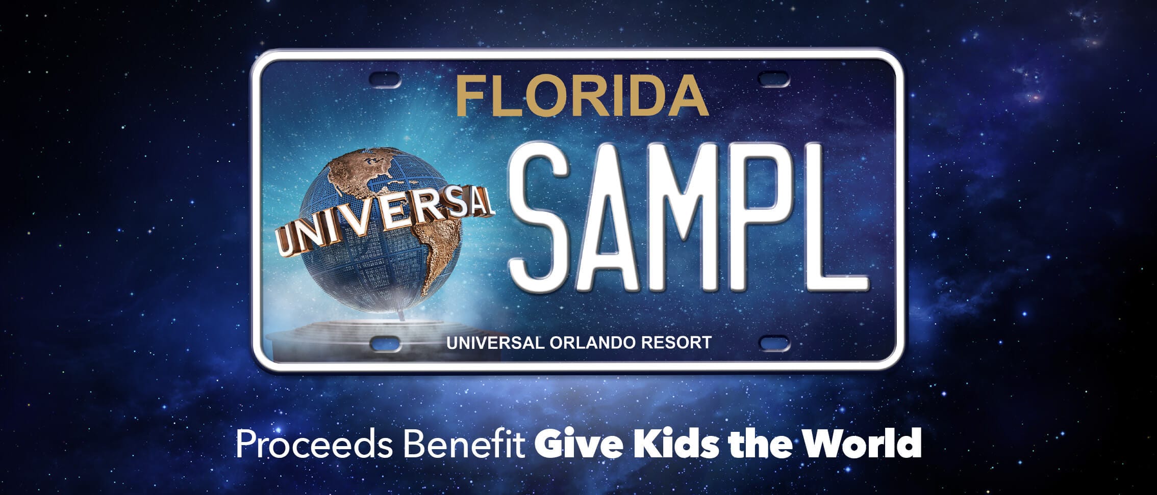 Matrícula de Florida con el globo de Universal y las letras “SAMPL” contra un fondo estrellado, con una nota que dice “Proceeds Benefit Give Kids The World”.