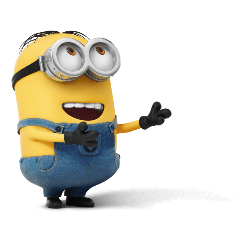 Un Minion sonriendo con gafas y un overol azul, mientras estira sus manos para capturar imágenes de bananas que flotan por todo el marco.