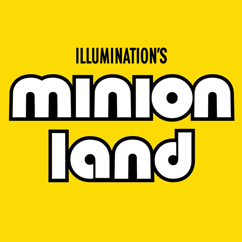 El logotipo de Illumination's Minion Land sobre un fondo amarillo.