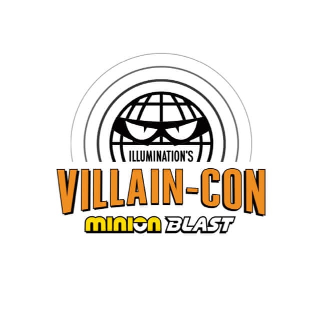 El logotipo de Villain-Con Minion Blast de Universal que cuenta con un globo terráqueo y dos ojos enmascarados con apariencia malvada.