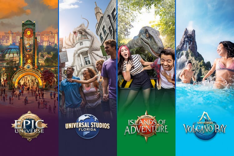 Una compilación de los cuatro parques y sus respectivas atracciones dentro de Universal Orlando Resort: Universal Epic Universe, Universal Studios Florida, Universal Islands of Adventure y Universal Volcano Bay.
