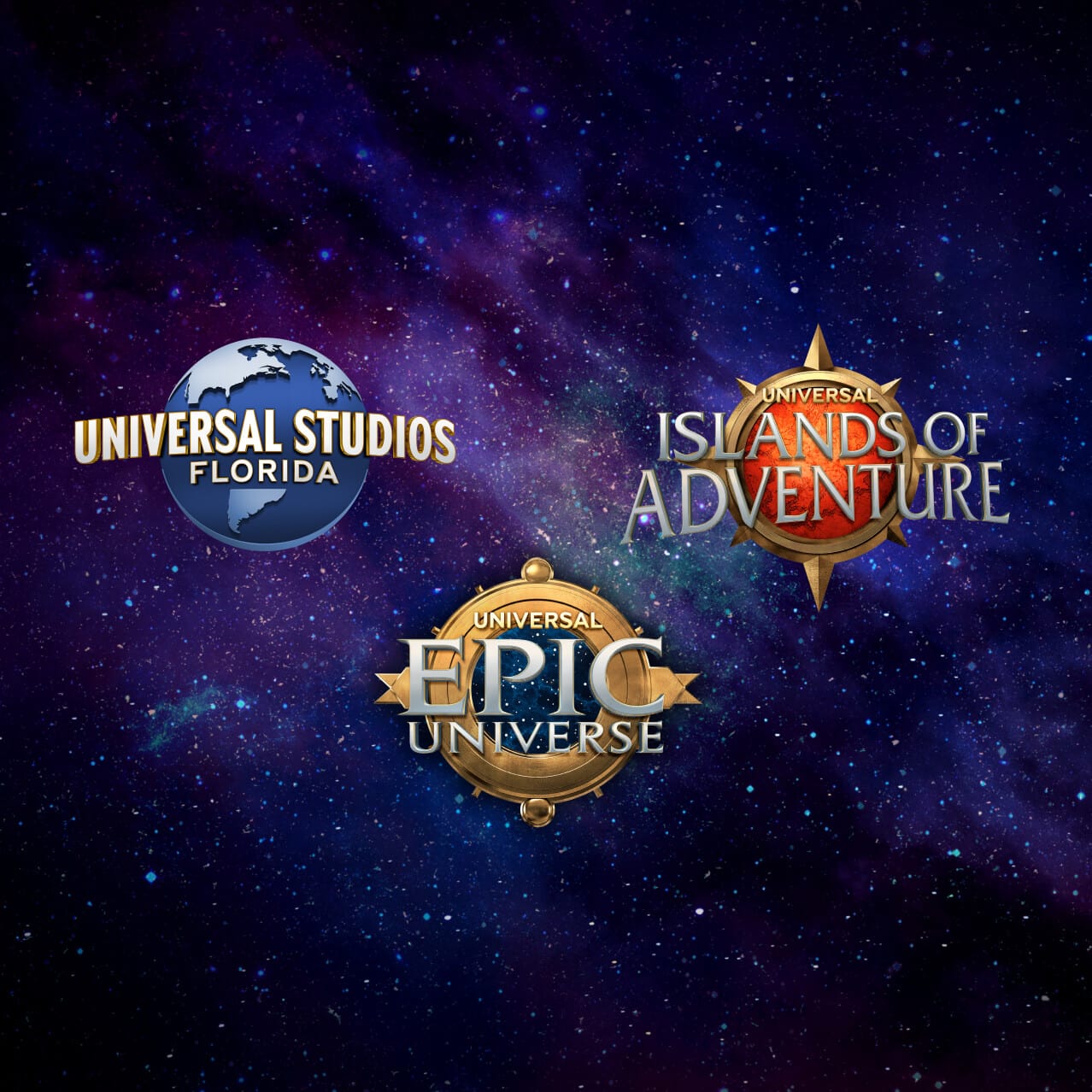Los logotipos de Universal Studios Florida, Universal Islands of Adventure y Universal Epic Universe con una galaxia de estrellas de fondo.