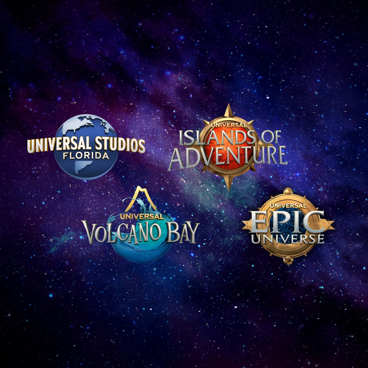 Los logotipos de Universal Studios Florida, Universal Islands of Adventure, Universal Epic Universe y Universal Volcano Bay con una galaxia de estrellas de fondo.