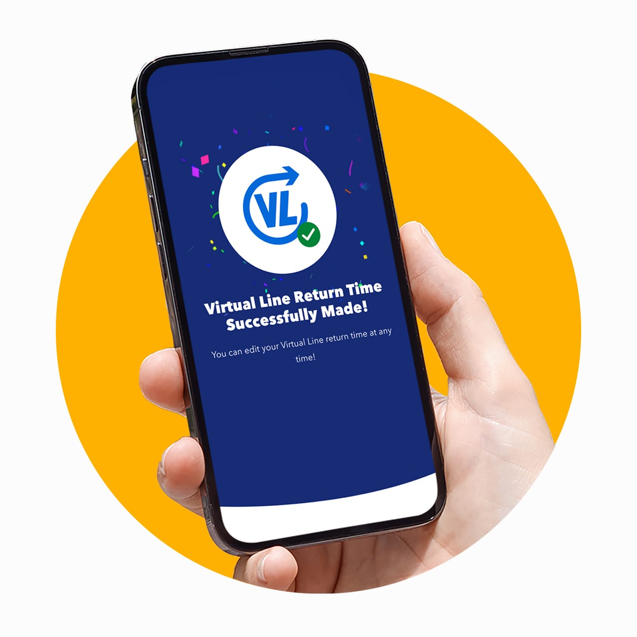 Una mano sosteniendo un teléfono que muestra la pantalla de confirmación de Virtual Line en la aplicación Universal Orlando Resort