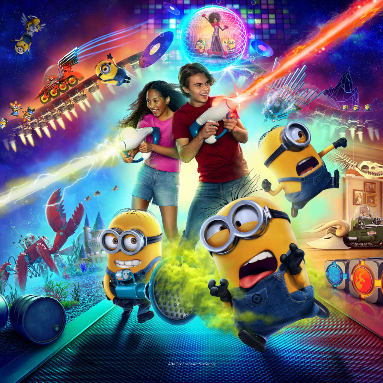 Un adolescente y una niña sosteniendo una pistola que emite un rayo colorido. A su alrededor se encuentran escenas de travesuras caricaturescas de los Minions corriendo entre villanos en vehículos extraños y futuristas.