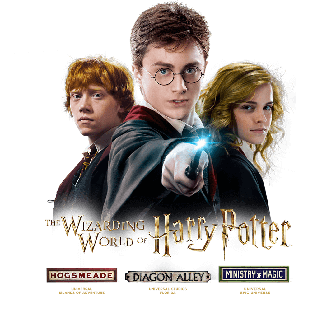 Harry, Ron y Hermione de The Wizarding World of Harry Potter, se destacan en soledad mientras Harry apunta su resplandeciente varita hacia delante para lanzar un hechizo.