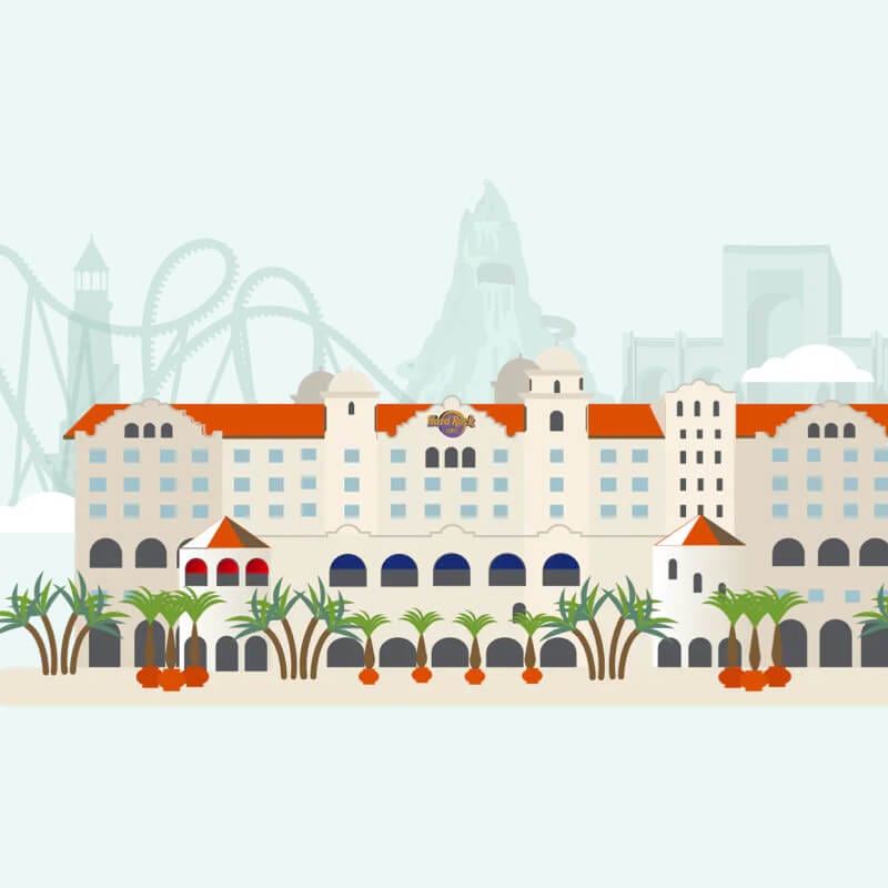 Imagen compuesta de una versión ilustrada del Hard Rock Hotel superpuesta a una composición de los tres parques temáticos de Universal Orlando en el fondo.