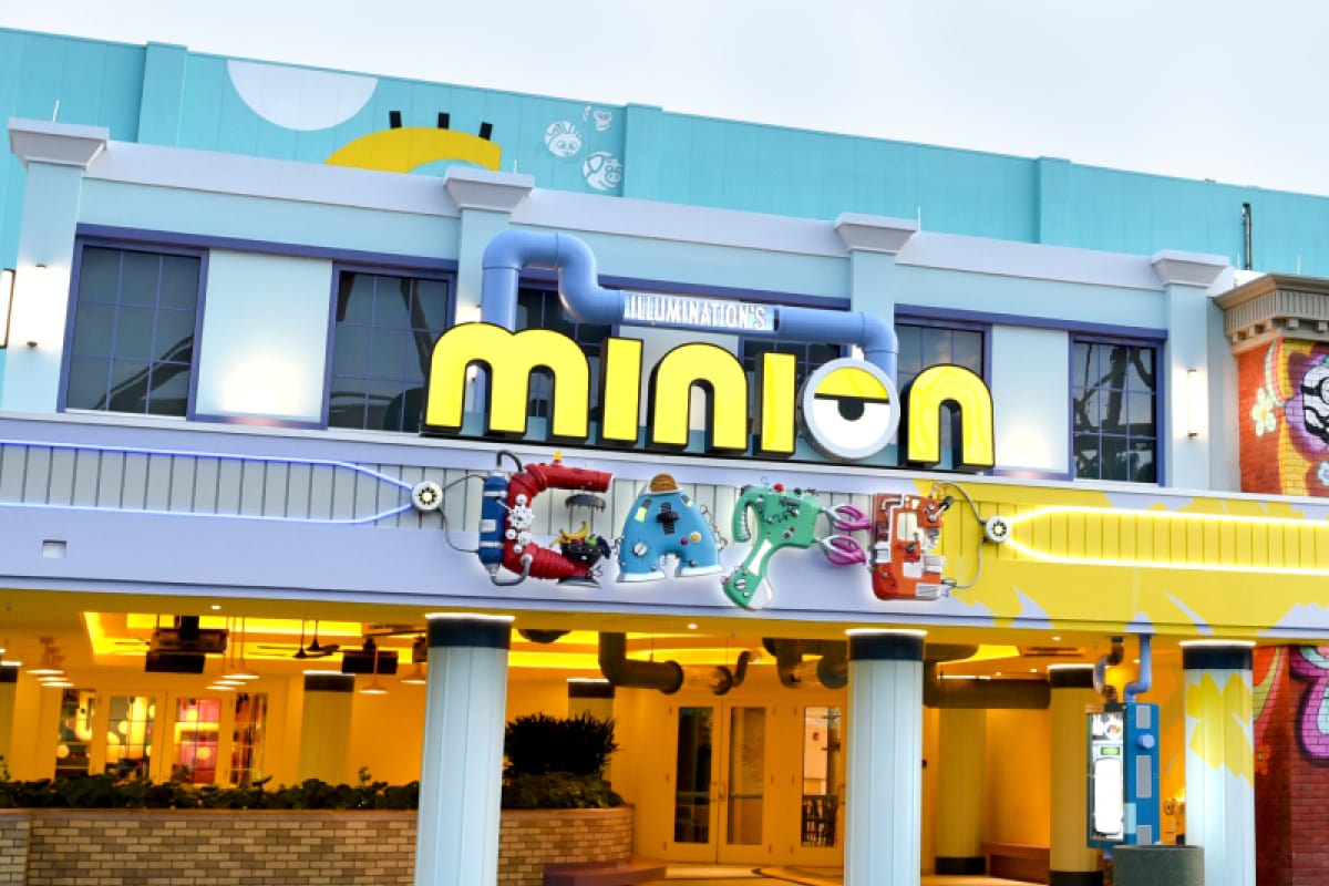 Cloudy&nbsp;blue&nbsp;skies&nbsp;above&nbsp;the&nbsp;front&nbsp;entrance&nbsp;of&nbsp;Illumination's&nbsp;Minion&nbsp;Cafe&nbsp;inside&nbsp;of&nbsp;Minion&nbsp;Land&nbsp;at&nbsp;Universal&nbsp;Studios&nbsp;Florida.