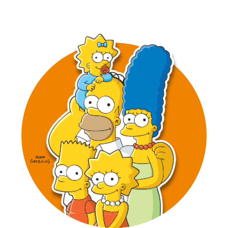 Imagen de la familia animada de The Simpsons en un fondo negro con la firma de Matt Groening a la izquierda.