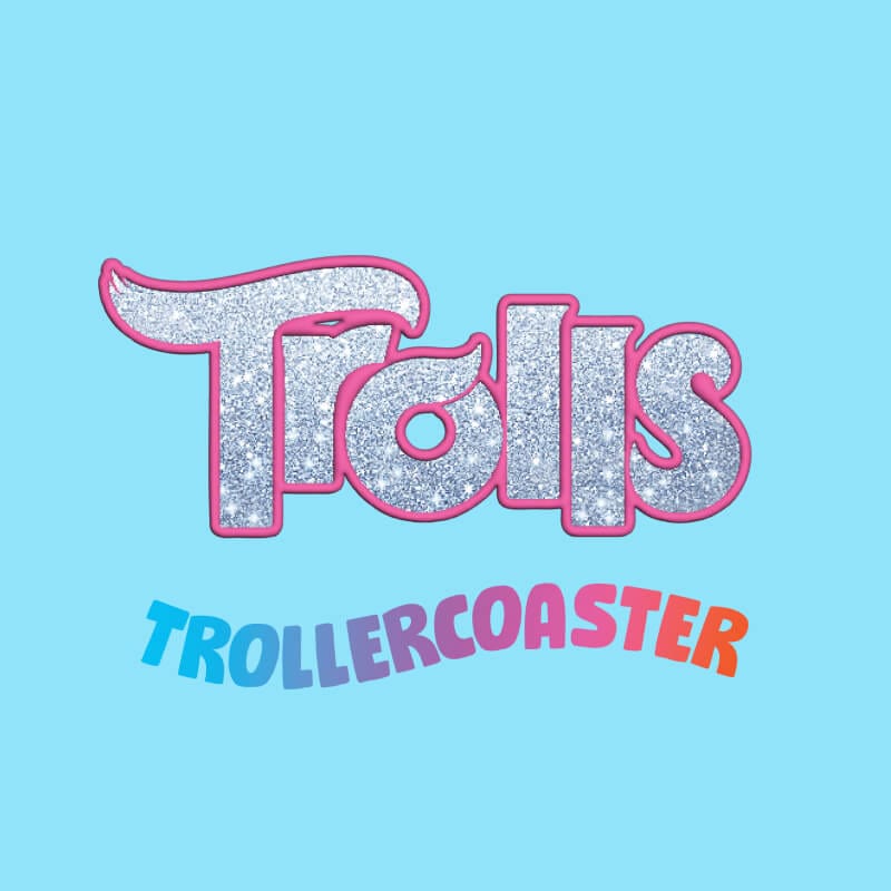 Logotipo de DreamWorks Trolls Trollercoaster de Universal Studios Florida.