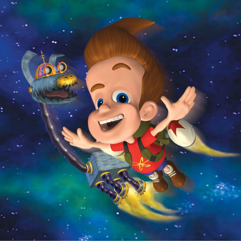 El amado personaje de caricaturas Jimmy Neutron viaja por el espacio con su mochila propulsora junto a su perro robot en esta antigua atracción de Universal Studios Florida™.