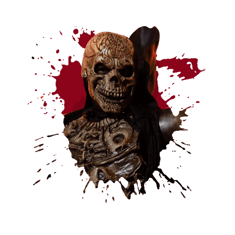 Un esqueleto amenazante emerge de un fondo salpicado de sangre.