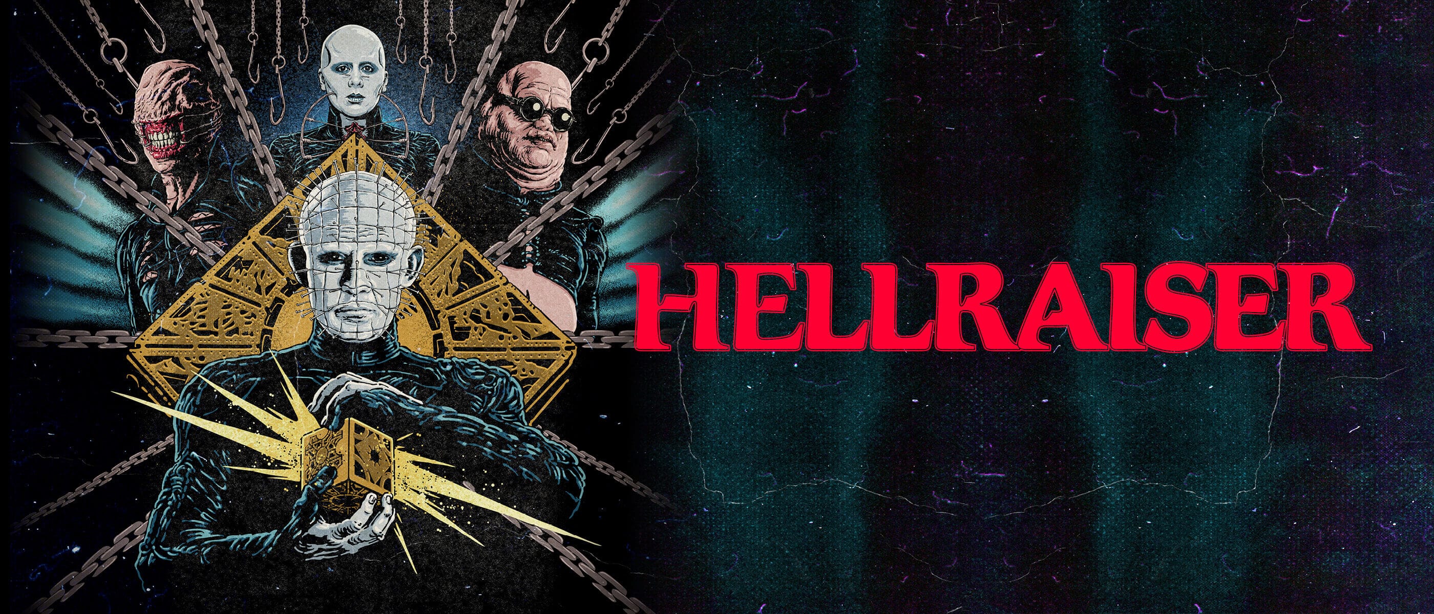 Una ilustración de Pinhead de "HELLRAISER" con una caja de rompecabezas dorada, cadenas y ganchos, y otros tres personajes demoníacos.