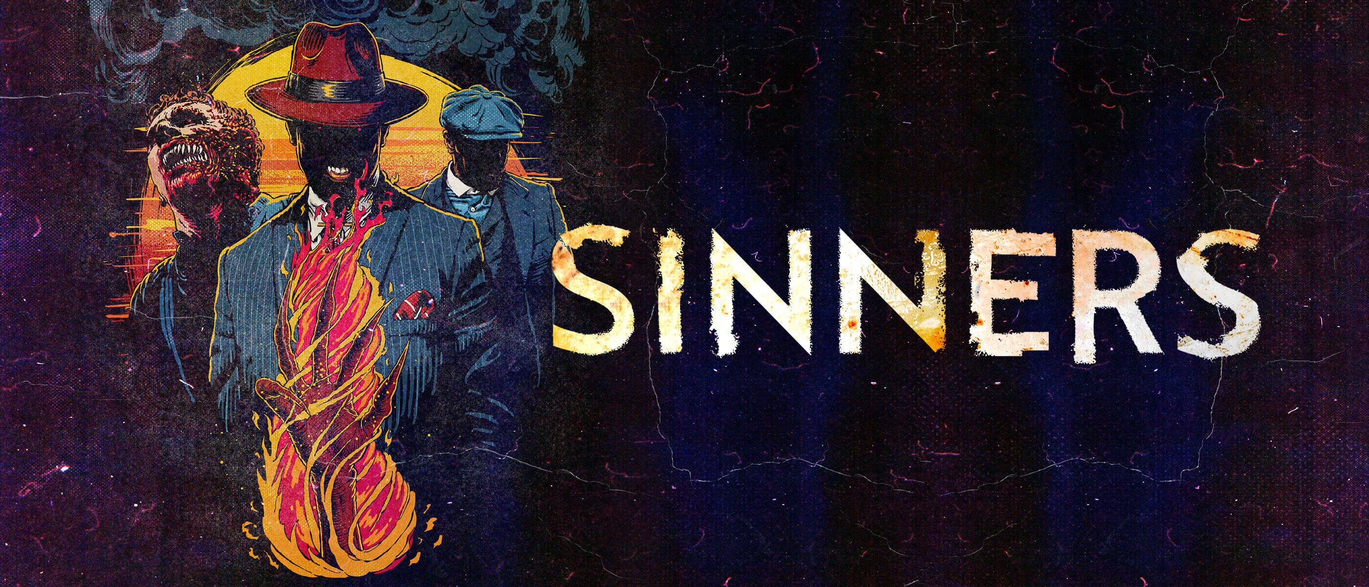 Tres personajes de la película Sinners juntos detrás de una mano envuelta en llamas.