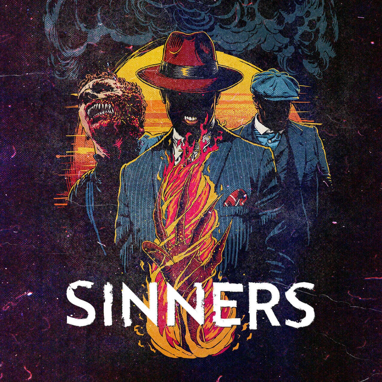 Tres personajes de la película Sinners juntos detrás de una mano envuelta en llamas.