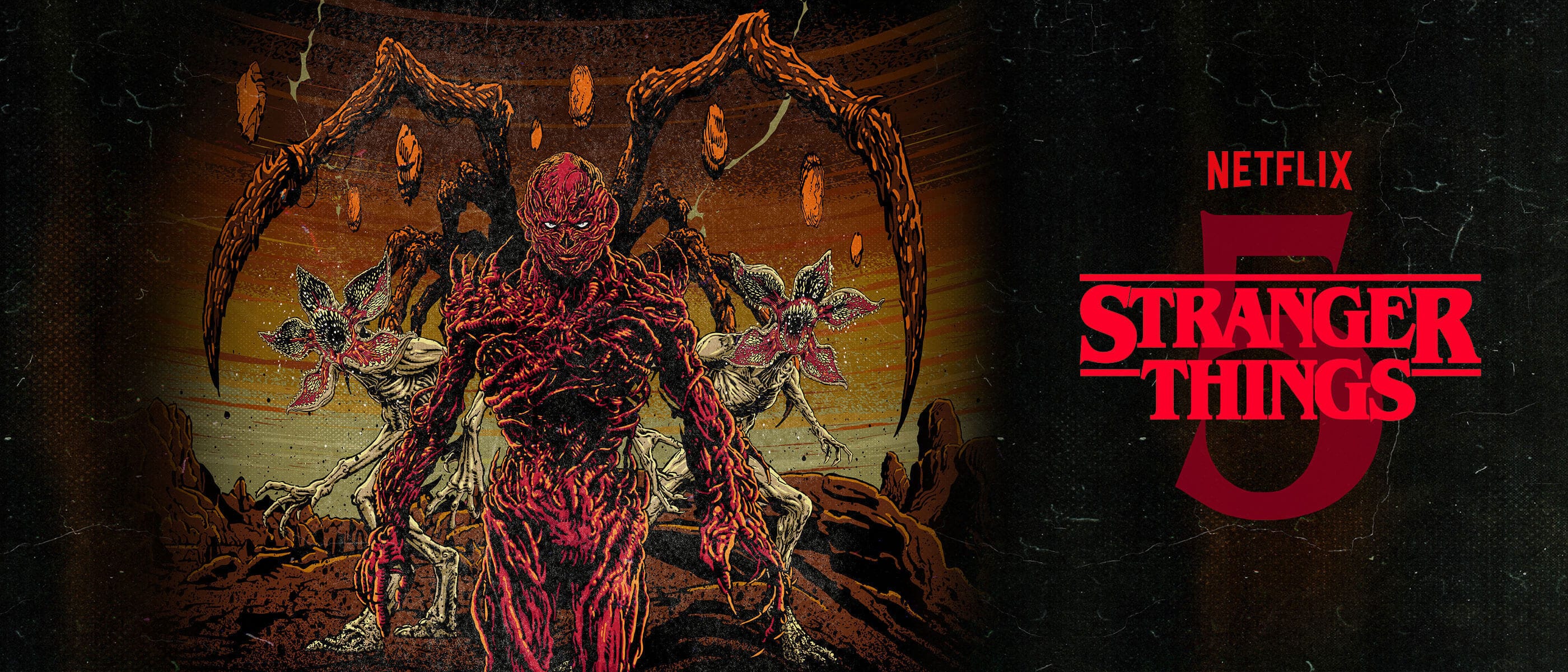 Una ilustración de un demonio rojo con tentáculos y criaturas con las bocas abiertas con el texto "NETFLIX STRANGER THINGS 5" en letras rojas.