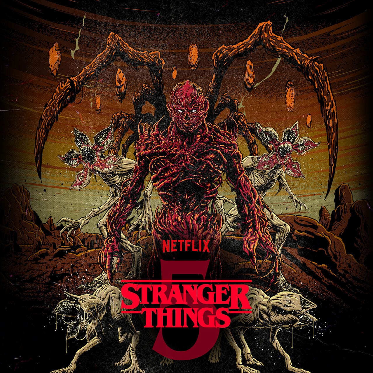 Una ilustración de un demonio rojo con tentáculos y criaturas con las bocas abiertas con el texto "NETFLIX STRANGER THINGS 5" en letras rojas.