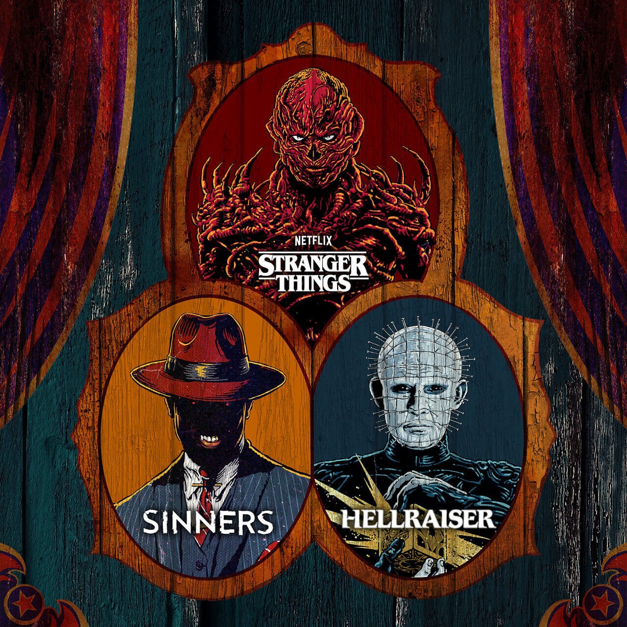 Stylized art painted on an aged wooden wall of Stack from Sinners, Vecna from Stranger Things and Pinhead from Hellraiser.