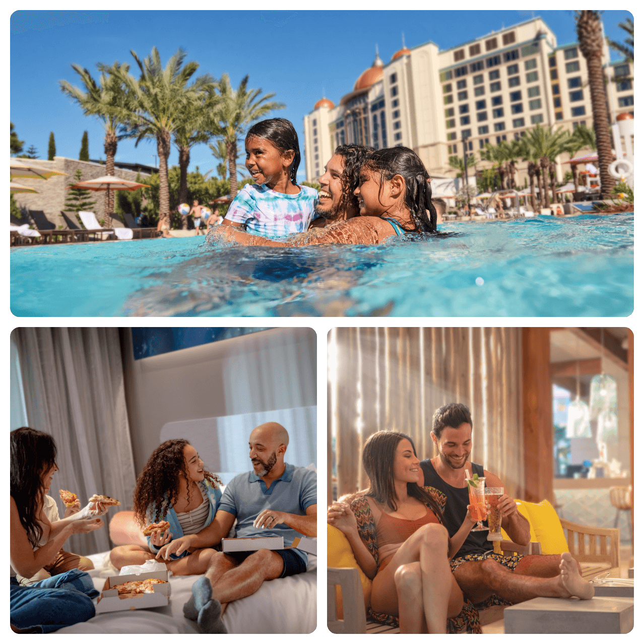 Collage de tres fotos de una familia en una piscina, una familia comiendo pizza en una cama de hotel y una pareja tomando bebidas en un banco soleado.