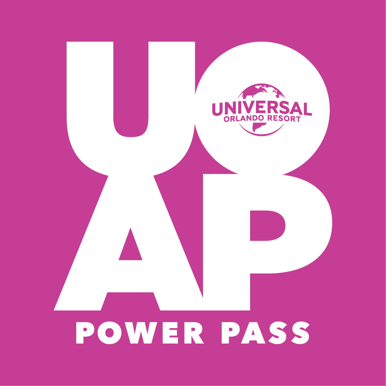 Logotipo de Pase Power de Universal Orlando en un fondo magenta.