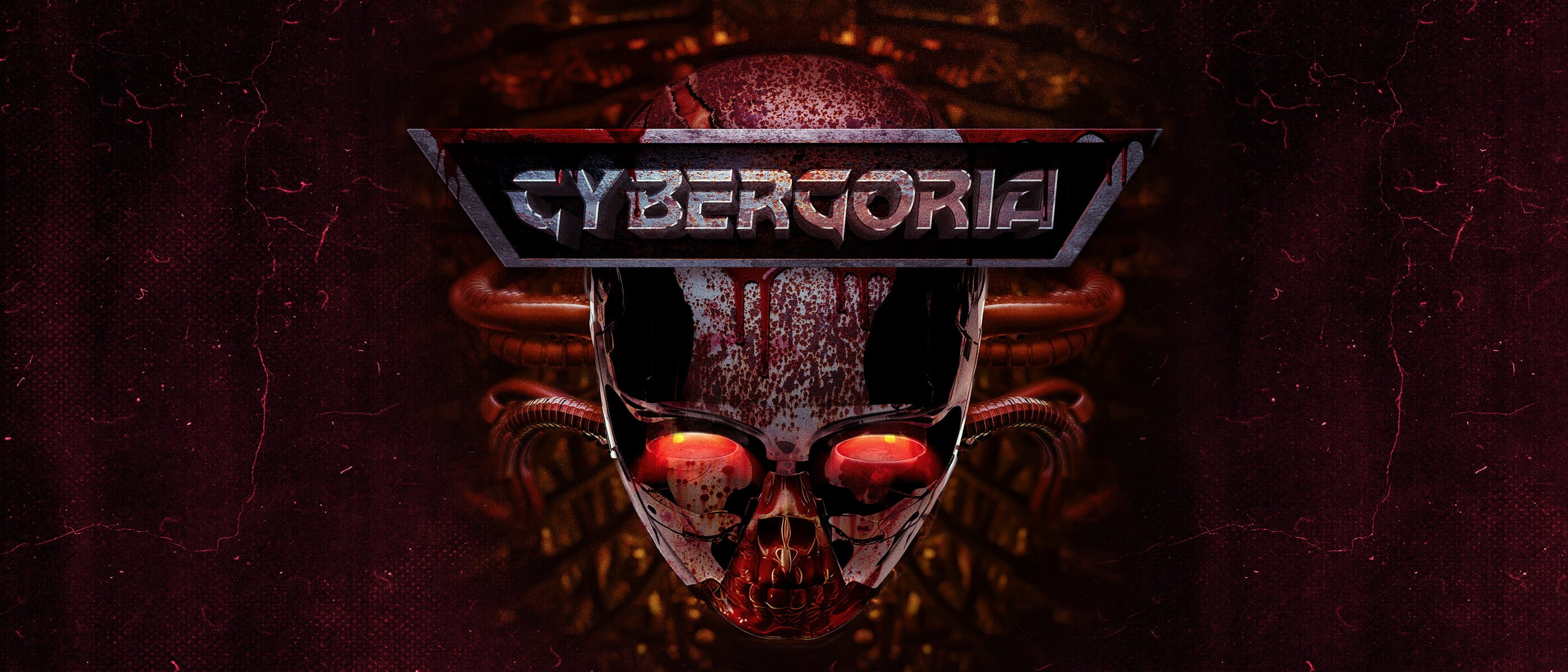 Un letrero metálico de aspecto desgastado de "CYBERGORIA" sobre un cráneo salpicado de rojo con ojos brillantes y cables sobresalientes.