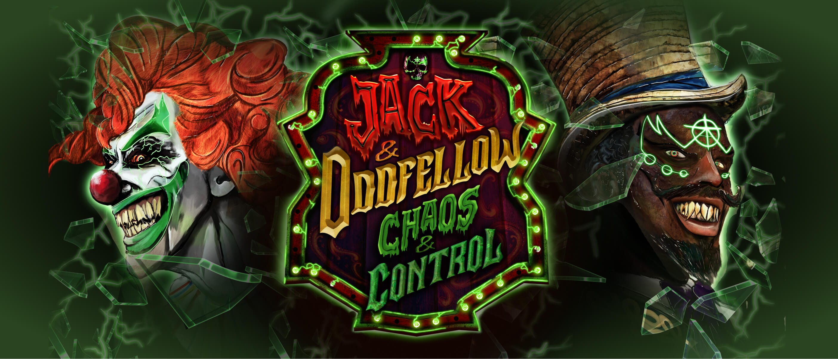 Un payaso de cabello naranja y un hombre con sombrero de copa que sostiene un cartel que dice “JACK & ODDFELLOW CHAOS & CONTROL”, luces verdes y vidrios rotos.