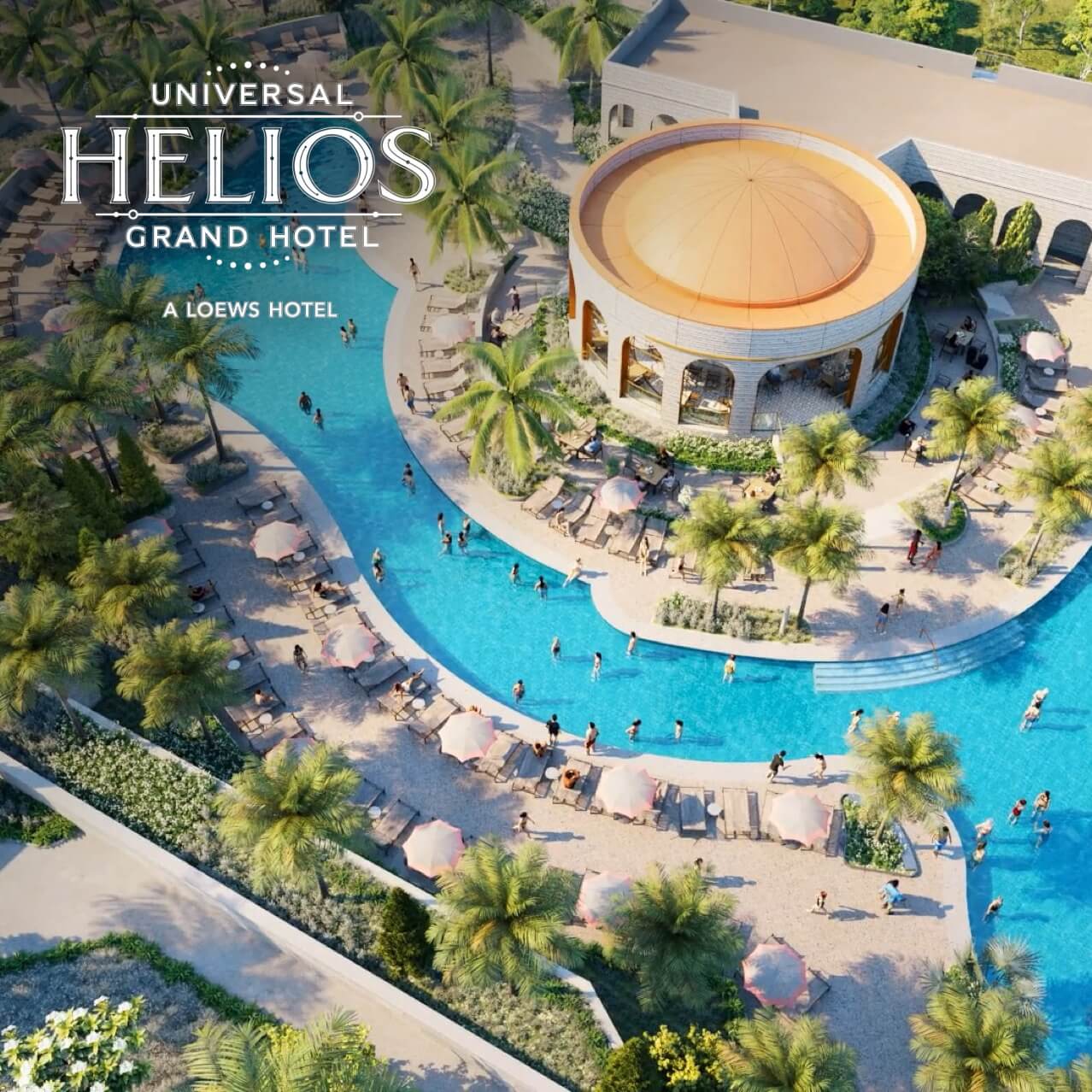 Renderização conceitual do artista – Vista aérea dos visitantes aproveitando a piscina e o Lotus Lagoon no Universal Helios Grand Hotel.