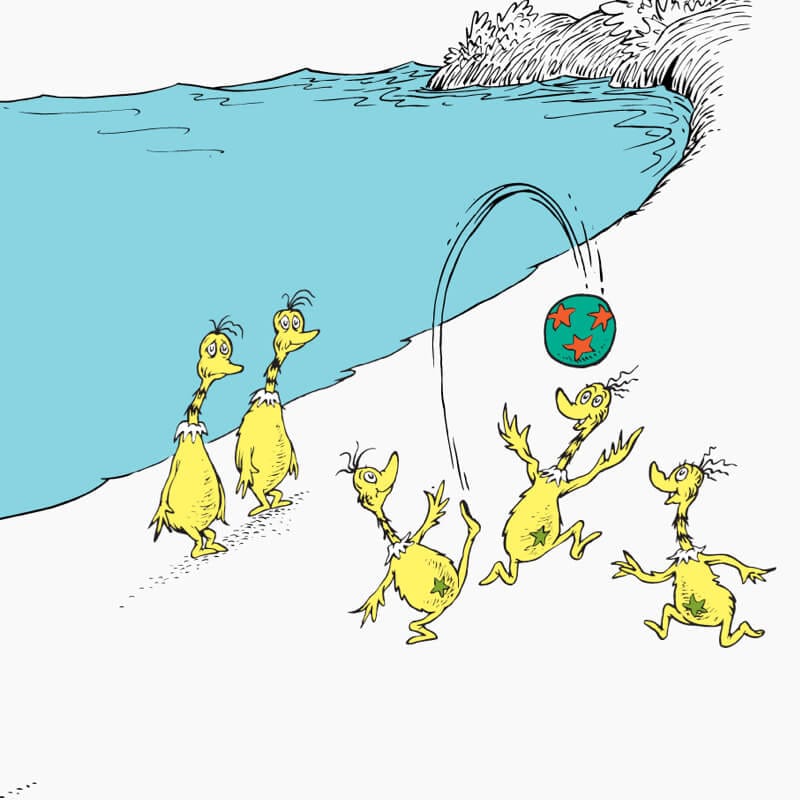 Uma ilustração de Sneetches e outras histórias de Sneetches na praia.