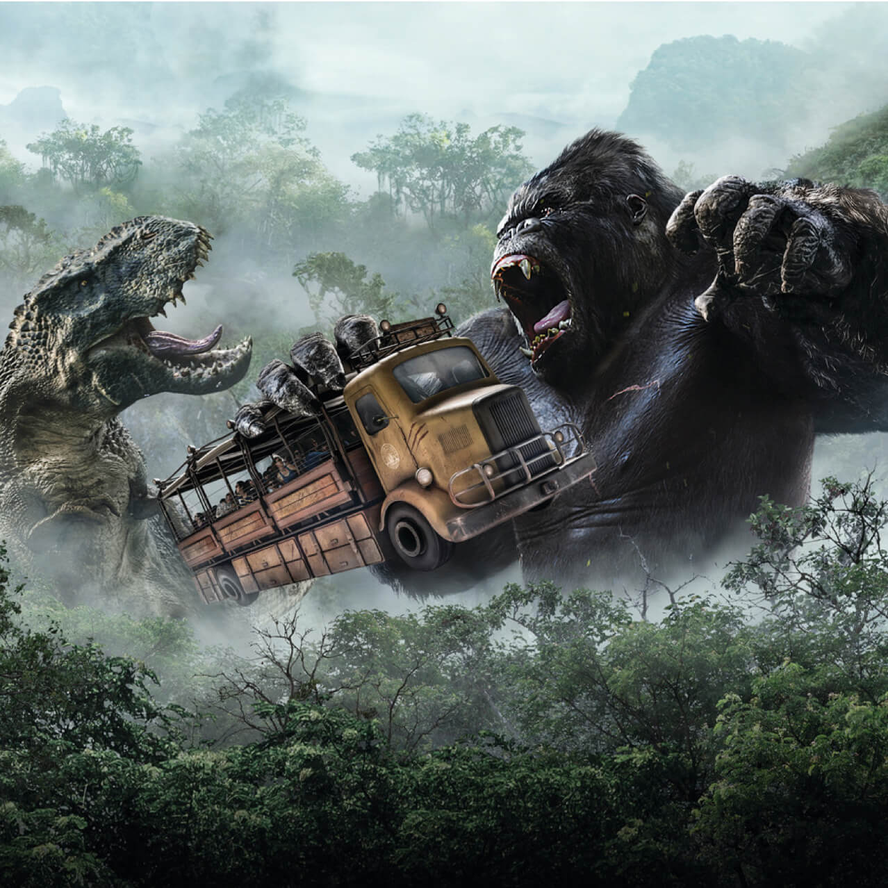 King Kong segurando um ônibus escolar enquanto luta com um T-Rex