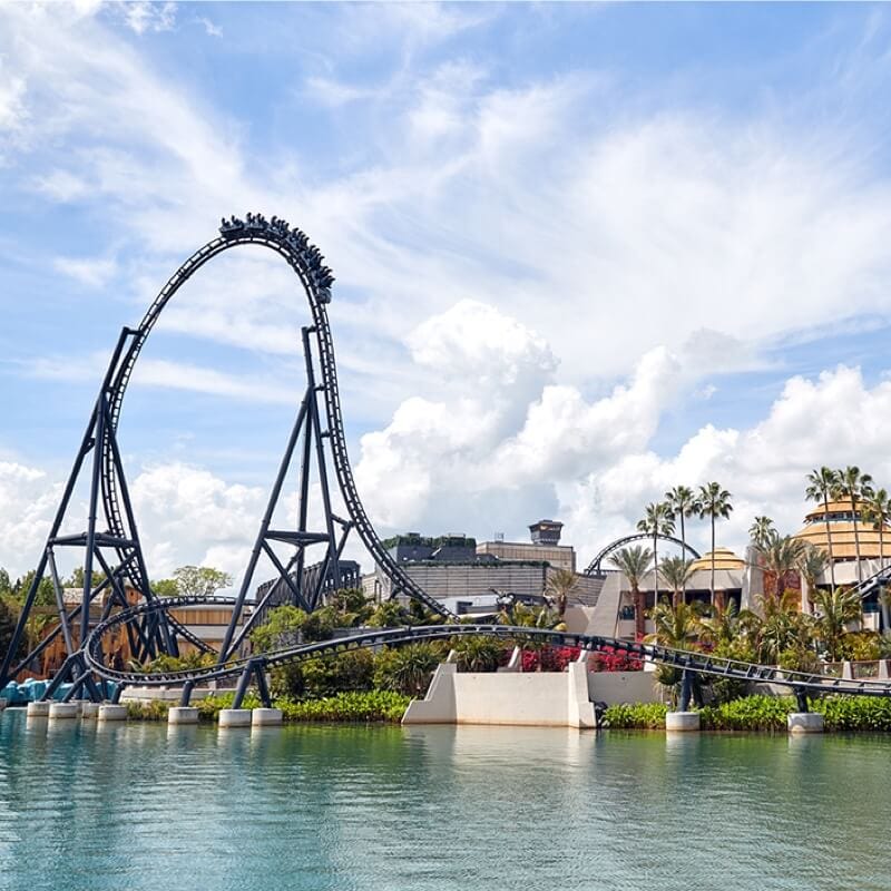 Trilhas e exterior da Jurassic World Velocicoaster no Universal Islands of Adventure