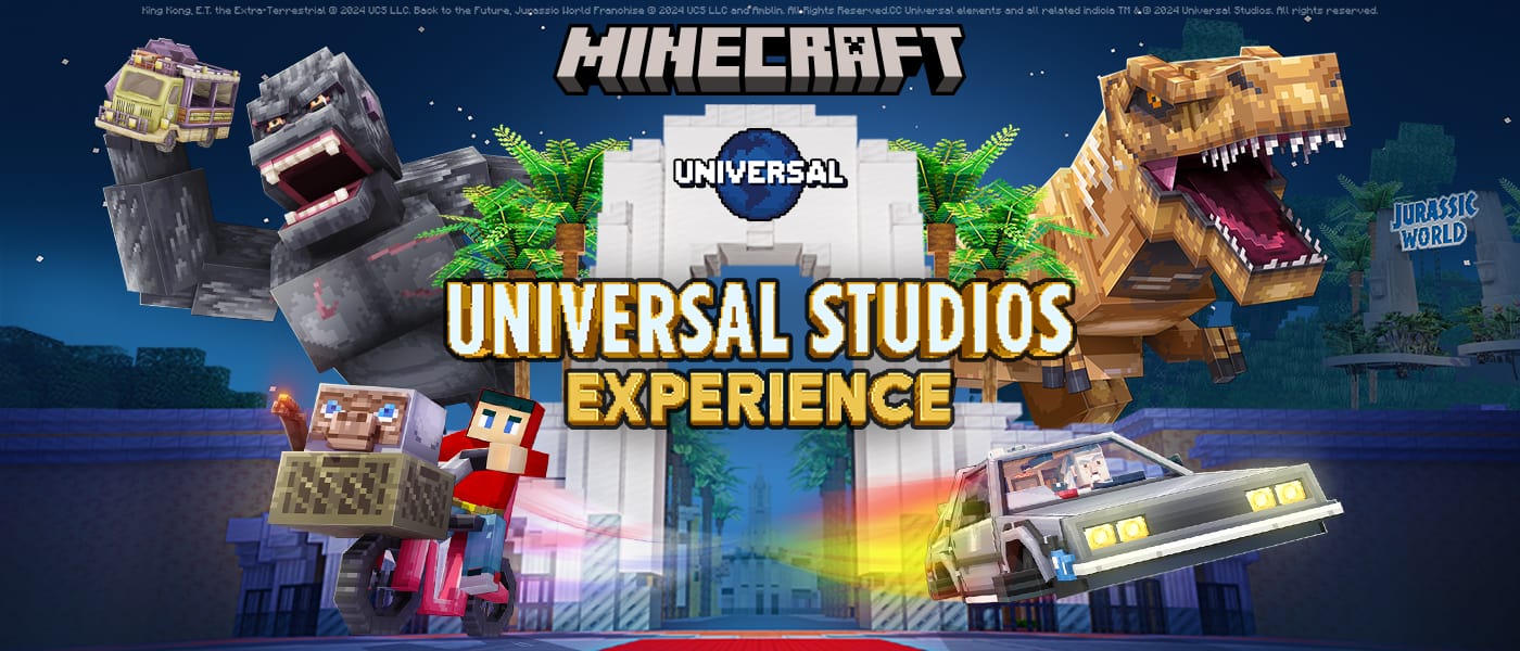 No estilo pixelado de Minecraft, King Kong, E.T., um T-Rex e o Delorean cercam um arco do Universal em um banner promovendo a Minecraft Universal Studios Experience.