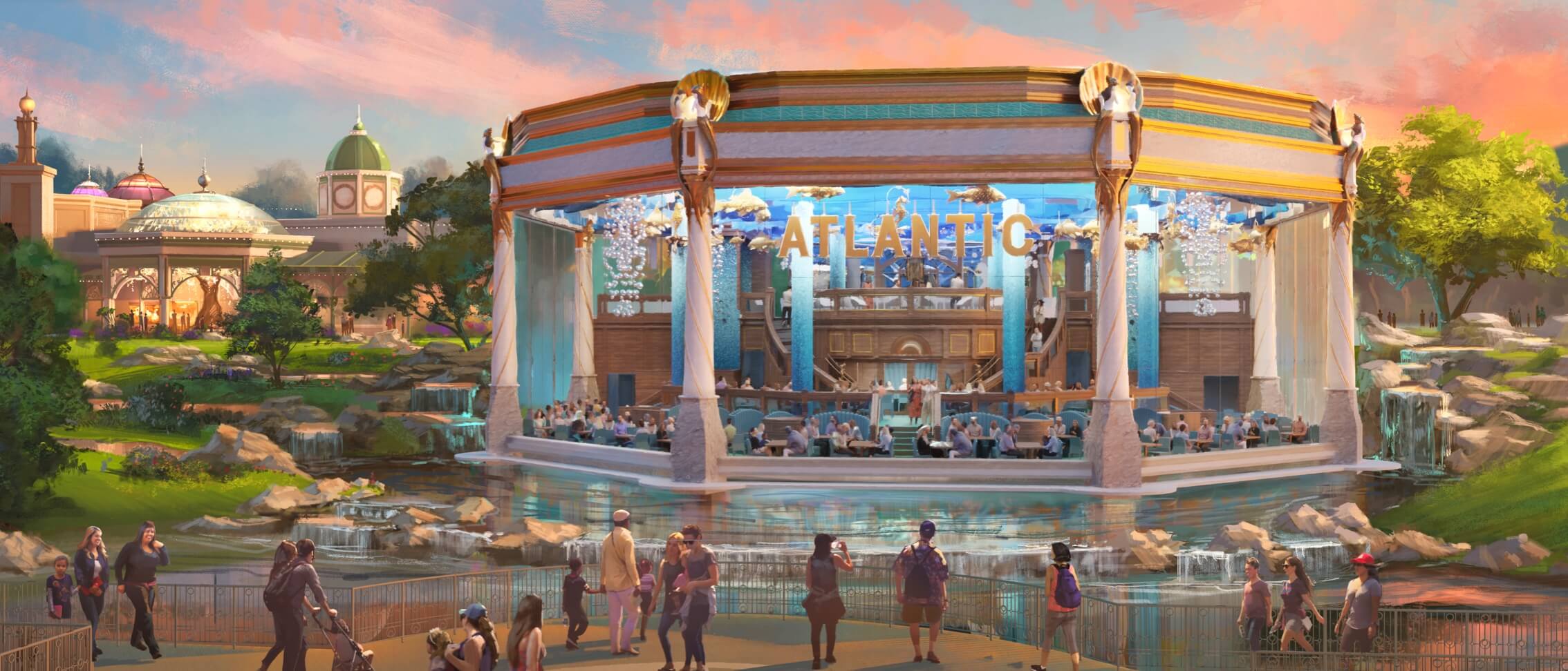 Artist conceptual rendering - The exterior of Atlantic, a full-service restaurant at Celestial Park in Universal Epic Universe.
