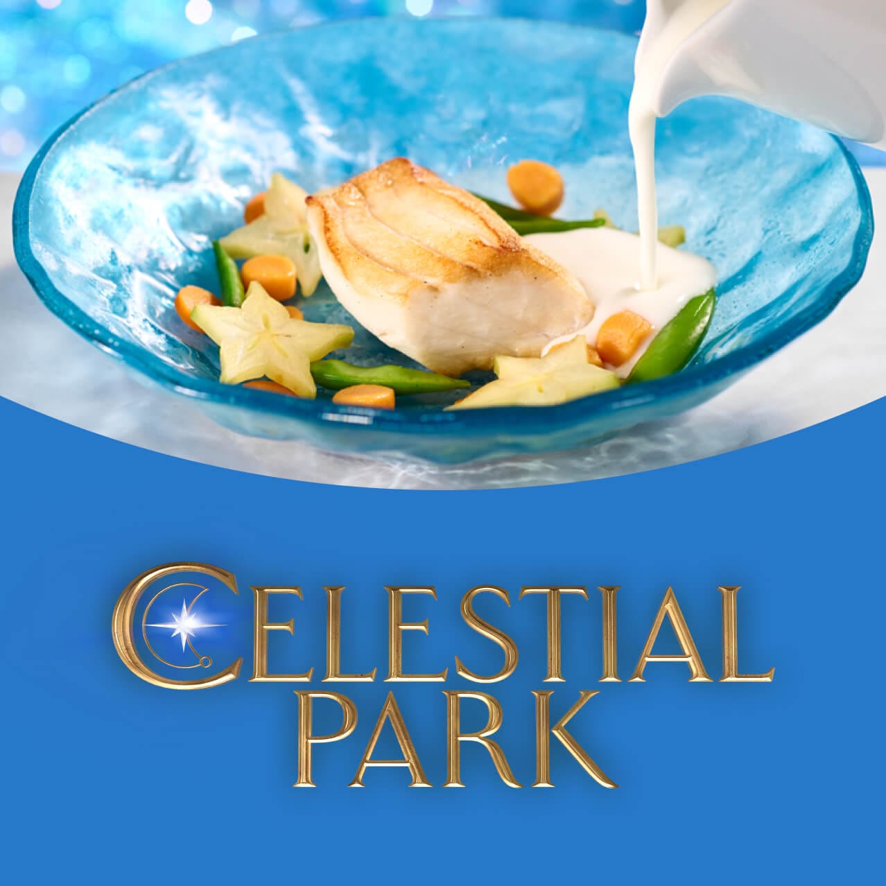Sea Bass posicionado em meio a mochi de cenoura, ervilhas tortas e fatias de carambola, em um caldo de capim-limão, disponível no Atlantic no Celestial Park.