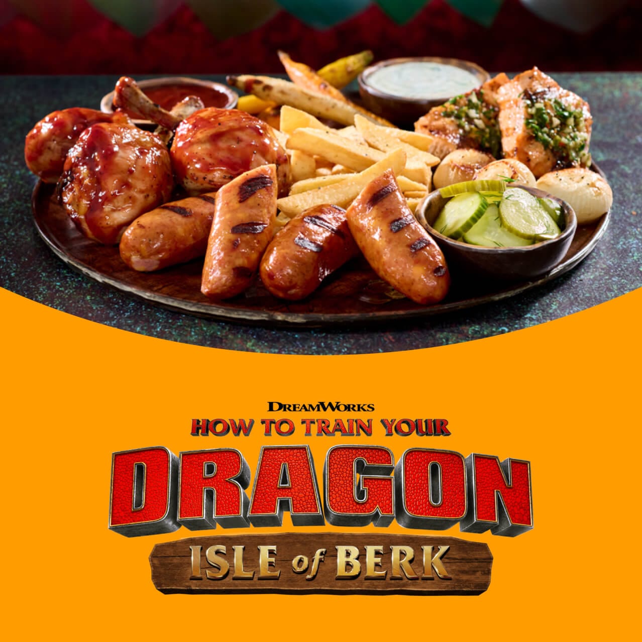 Thawfest Platter disponível no Mead Hall com o logotipo do How to Train Your Dragon – Isle of Berk.