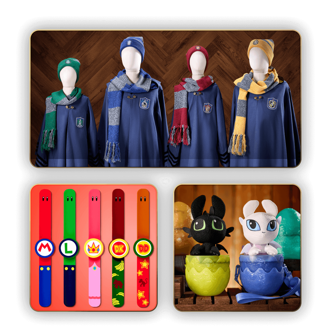 Uma colagem de lembranças e presentes coloridos do Universal Epic Universe, incluindo vestes de bruxo, Power-Up Bands™, dragões bebês e camisetas e bolsas de monstros do Universal.