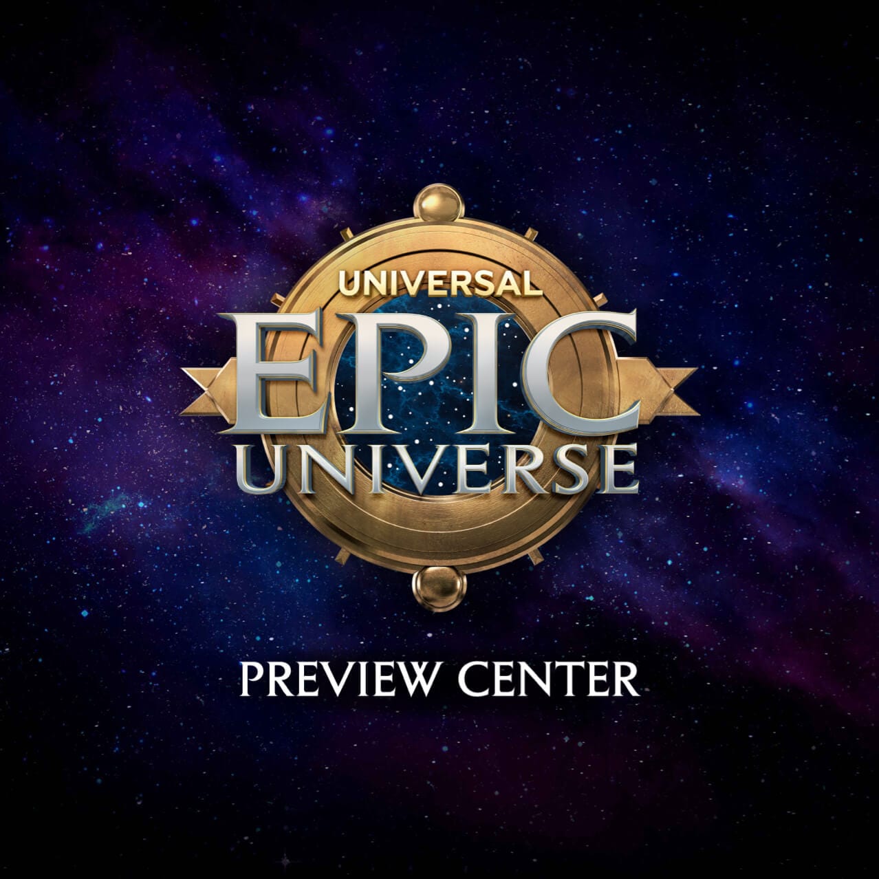 Logotipo do Universal Epic Universe Preview Center com uma galáxia de estrelas ao fundo.