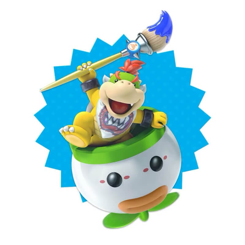 O perverso Bowser Jr., acenando com seu grande pincel mágico, surge no Junior Clown Car, semelhante a um helicóptero.