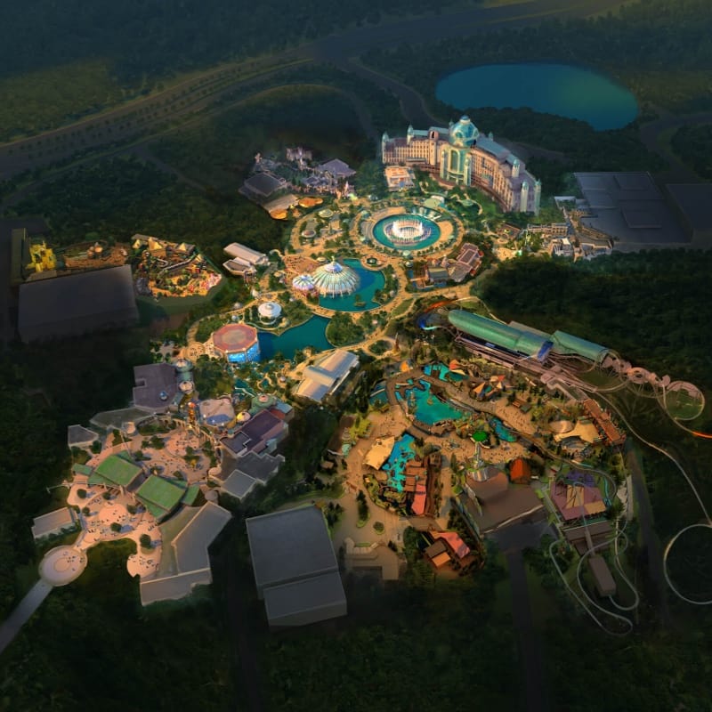Renderização conceitual do artista -vista panorâmica do Universal Epic Universe e do Universal Helios Grand Hotel.