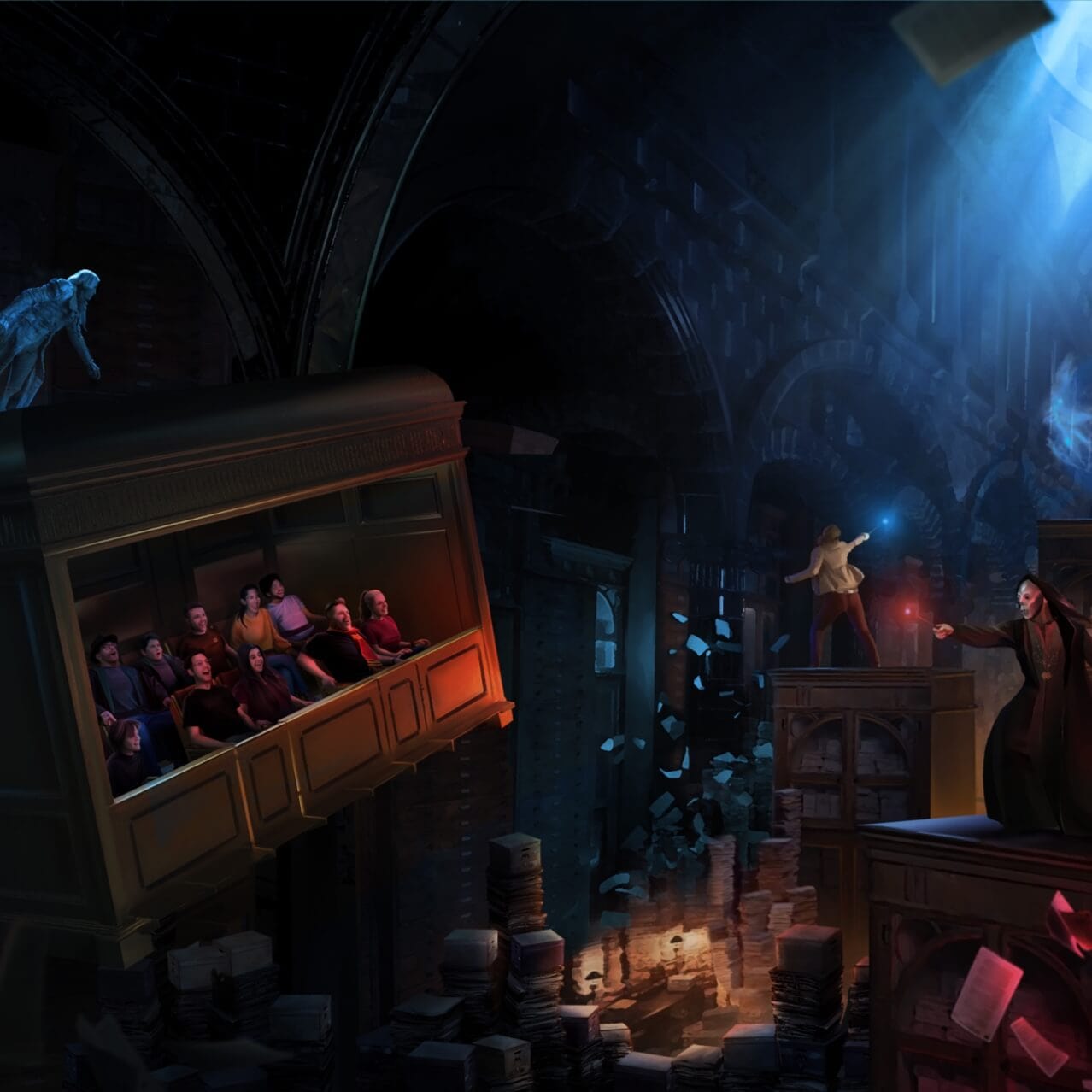 Renderização conceitual artística - Visitantes em um veículo da atração voando pelo Ministry of Magic enquanto um Comensal da Morte de Voldemort aponta sua varinha diretamente para eles para lançar um feitiço na atração Harry Potter™ and the Battle at the Ministry™.