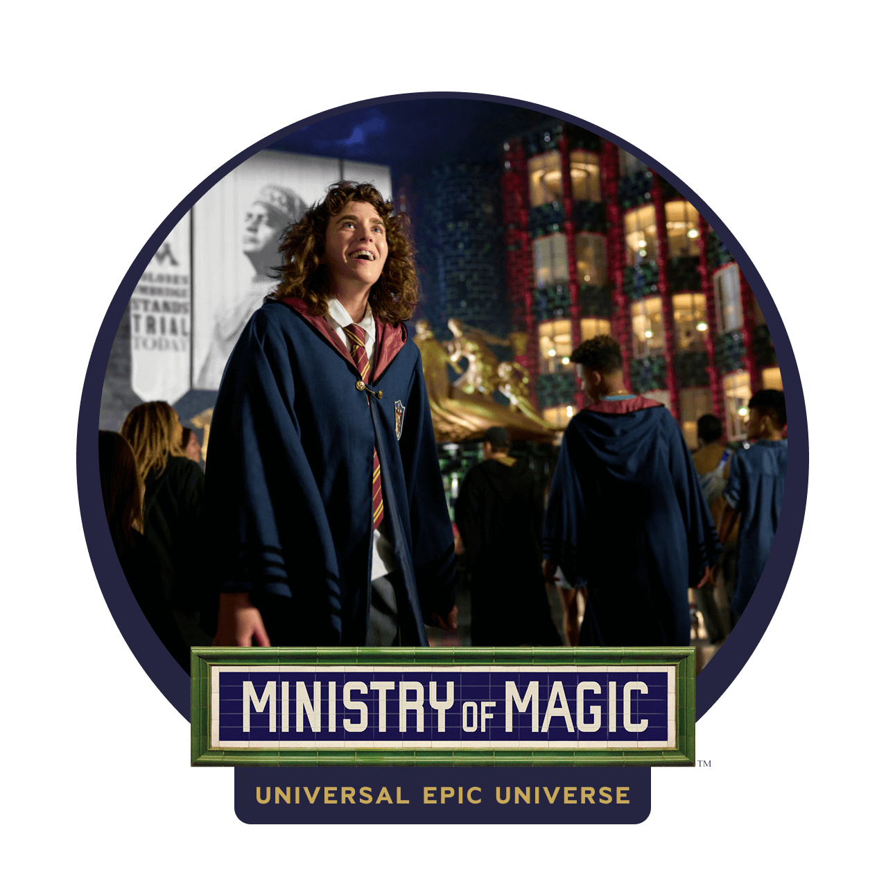Renderização conceitual artística - Um banner sobre o julgamento de Dolores Umbridge pendurado no átrio acima da Fountain of Magical Brethren no British Ministry of Magic™ do Universal Epic Universe.