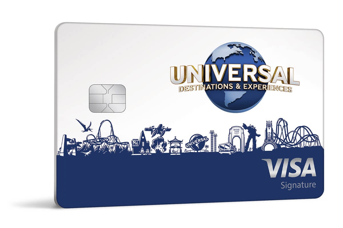 Universal Visa Signature card with a blue landscape view of the theme park